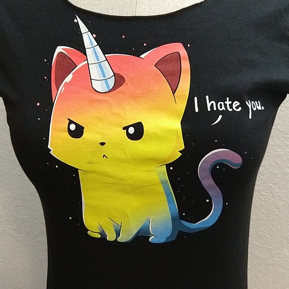 Teeturle I Hate You rainbow unicorn kitty cat tee - Picture 2 of 5